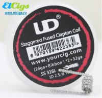 Готовая спираль UD Staggered Fused Clapton SS316L Coil (26GA+Ribbon)x2+32GAxID2.5x0.15ohm